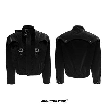 Crocodile Texture Standing-Collar PU Leather Jacket WN21752