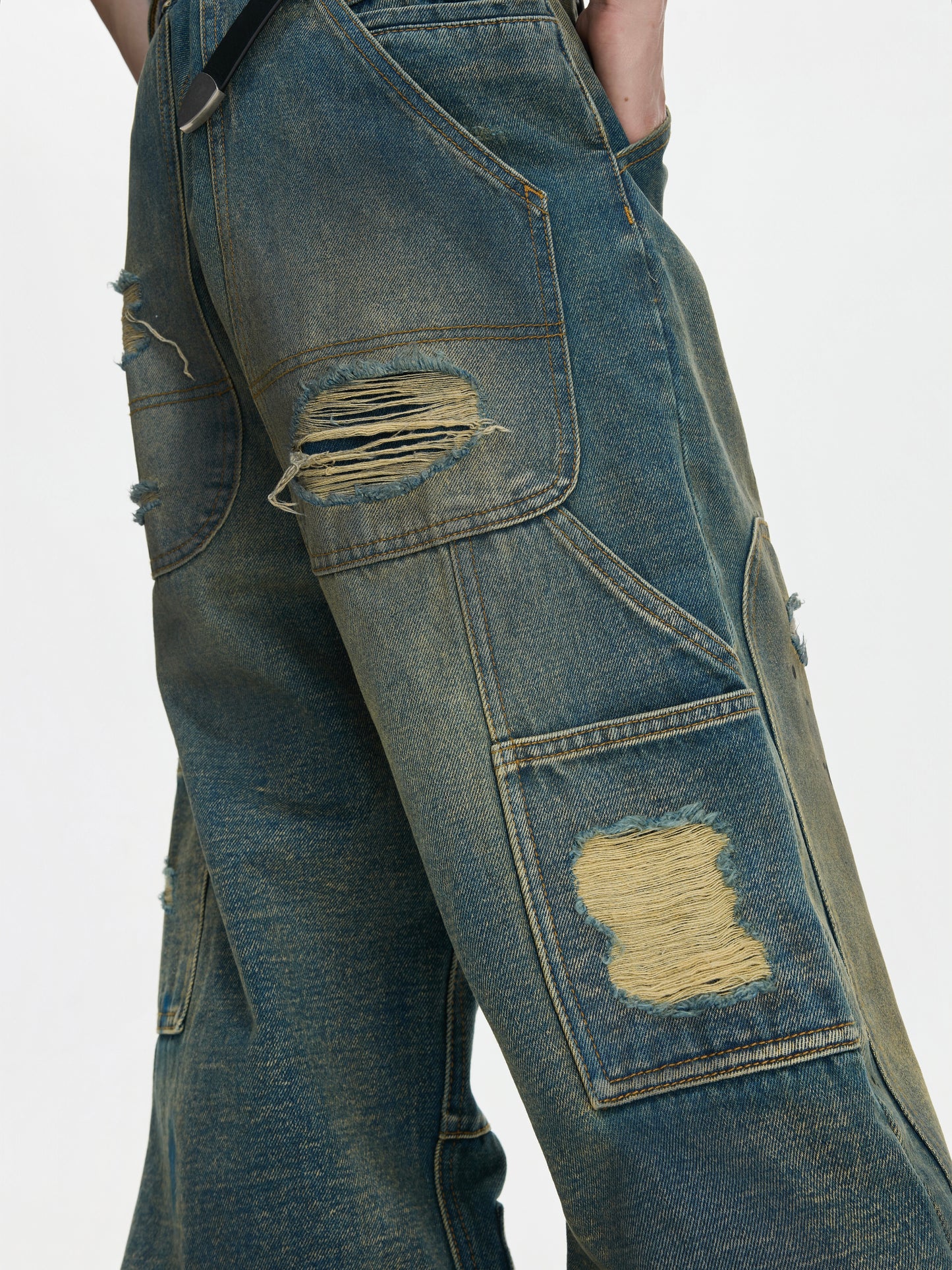 Heavyweight Washed Ripped Workwear Wide Leg Denim Jeans WN27006