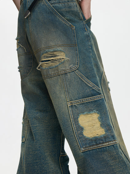 Heavyweight Washed Ripped Workwear Wide Leg Denim Jeans WN27006