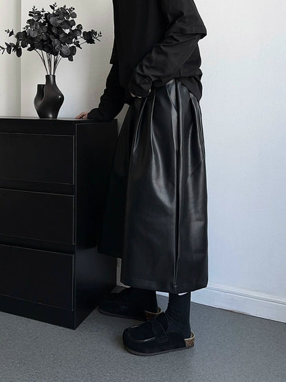 PU Leather Wide Leg Half Pants WN19365