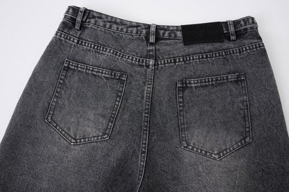 Washed Whisker Metal Buckle Denim Half Pants WN25513