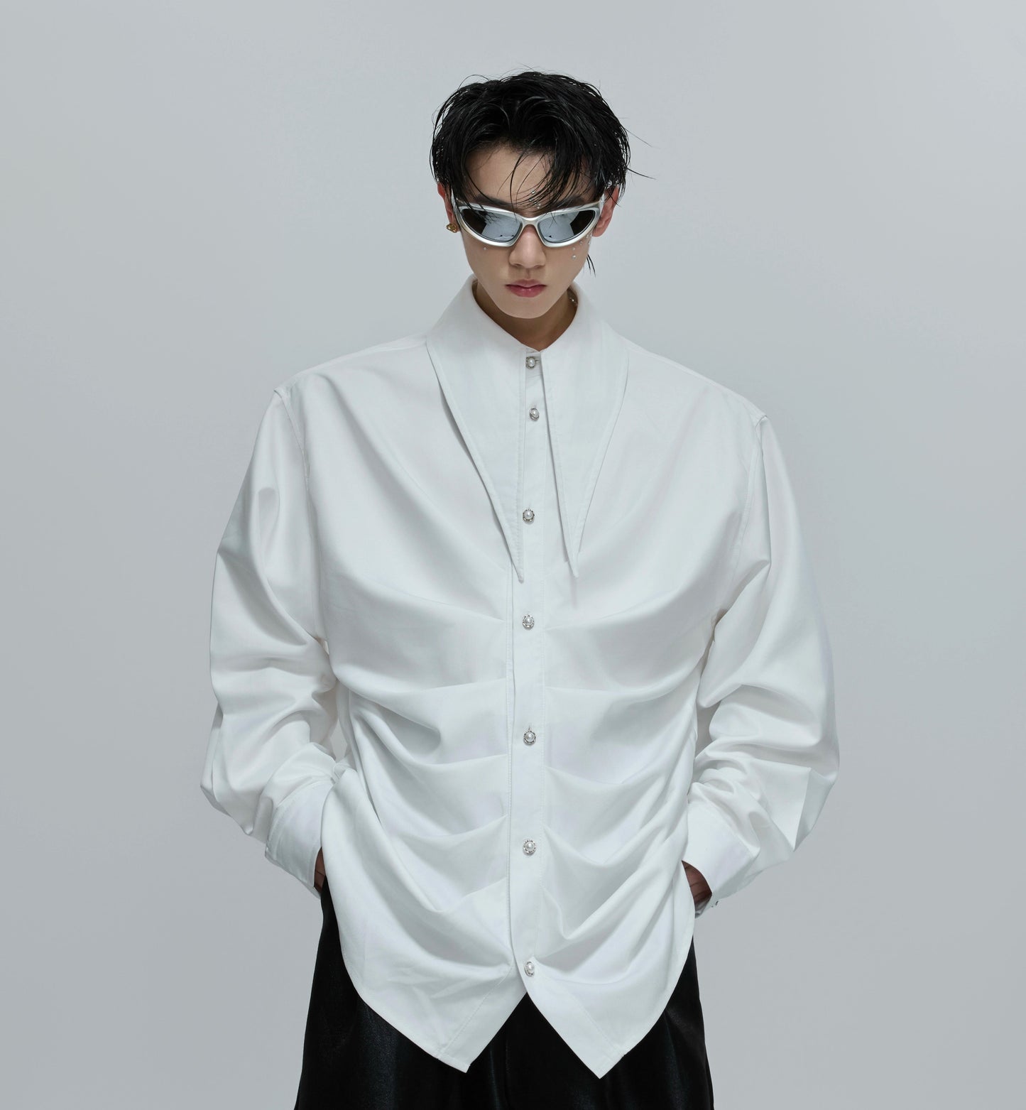 Deconstructed Pleats Scarf Collar Long Sleeve Shirt WN21697