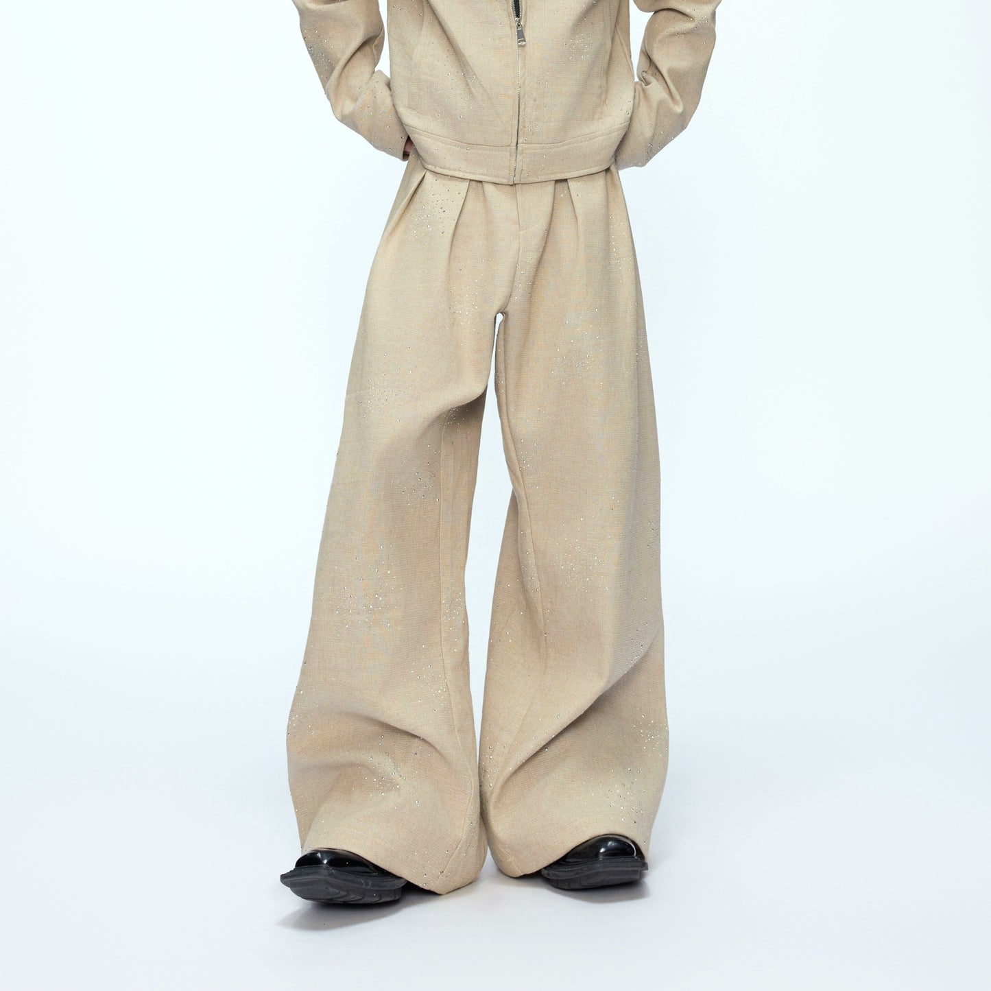 Rhinestone Decor Zipper Jacket & Wide Leg Pants Setup WN21228