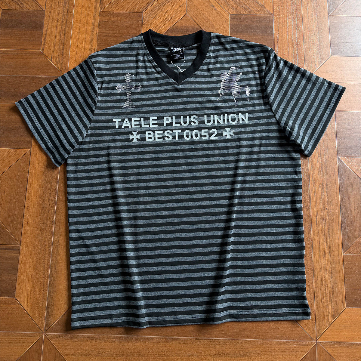 Stripe Cross Rhinestone Short Sleeve T-Shirt WN25781
