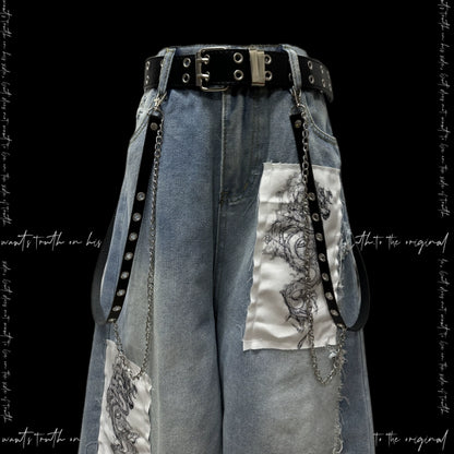 Patchwork Design Wide Leg Denim Half Jeans & Belt & Chain WN20112