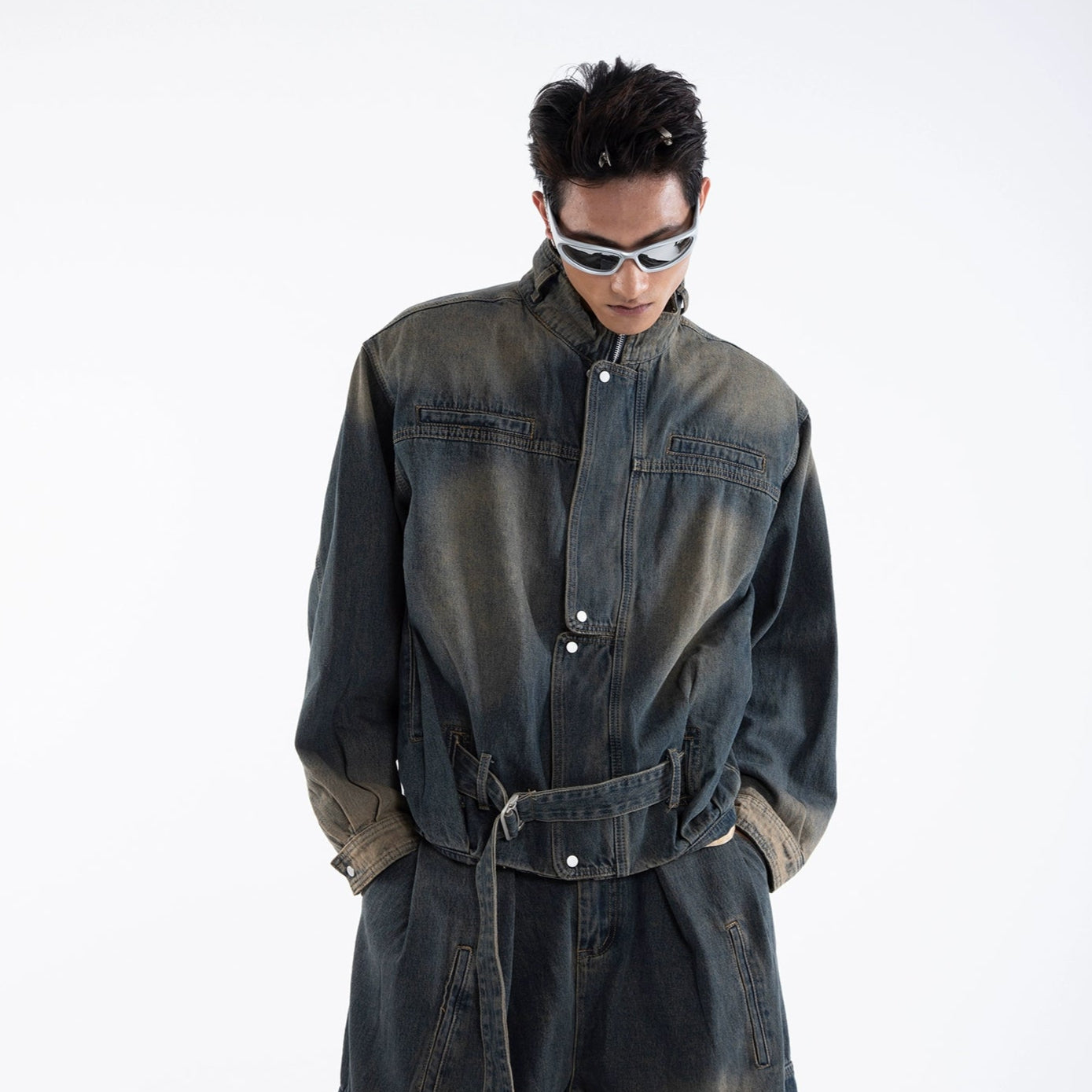 Fringe Strap Washed Denim Jacket & Denim Jeans Setup WN20644