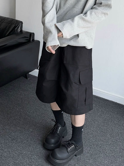 Washed Multi-Pocket Wide Leg Cargo Half Pants WN19356