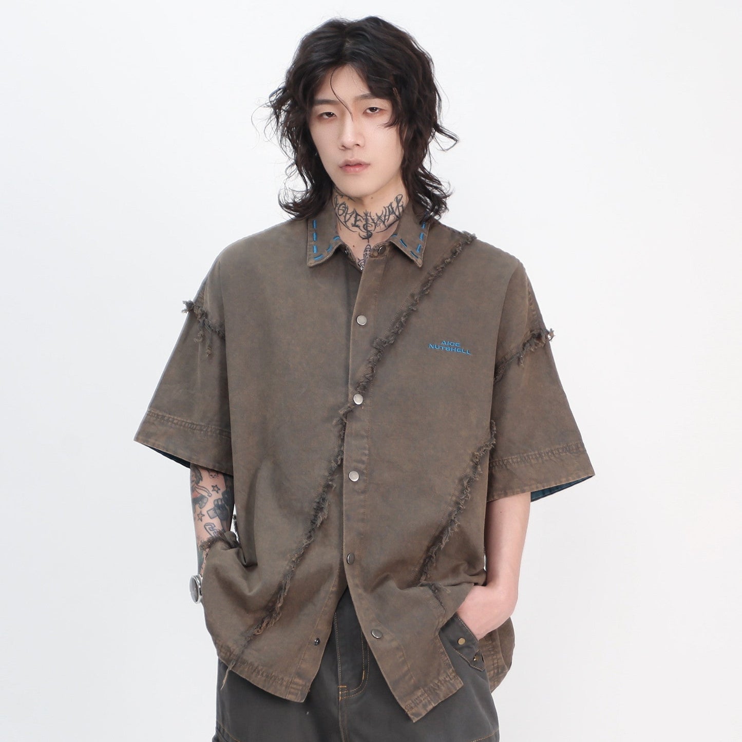 Washed Patchwork Damage Oversize Short Sleeve Shirt WN24432