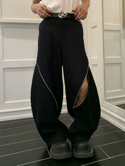Scimitar Design Diagonal Zipper Wide Leg Trousers WN19771