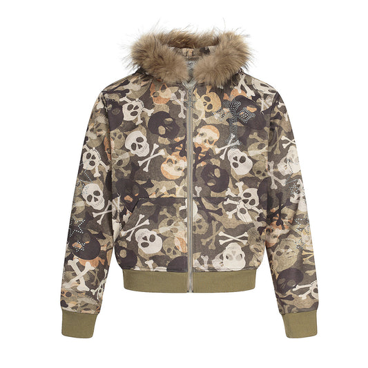 Fake Fur Collar Camouflage Print Rhinestone Zipper Hoodie WN21915