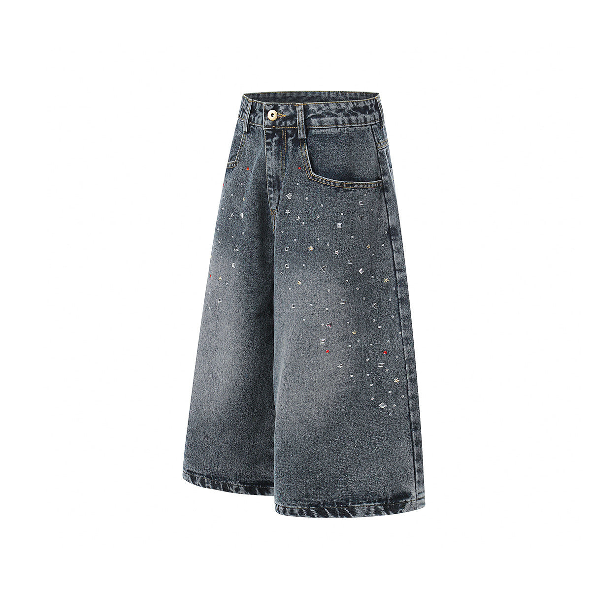Washed Rhinestone Denim Wide Leg Half Pants WN25697