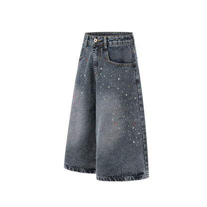 Washed Rhinestone Denim Wide Leg Half Pants WN25697