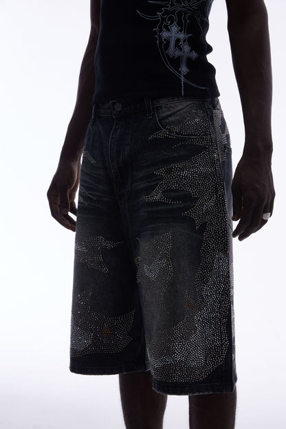 Rhinestone Camouflage Wash Denim Half Pants WN25558