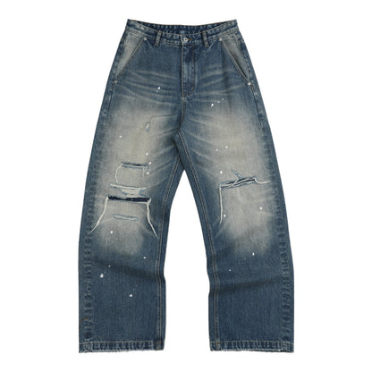 Wide Leg Damage Washed Denim Jeans WN27183