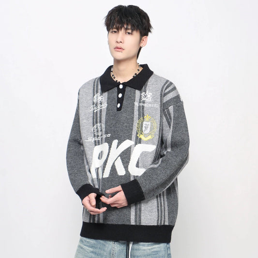 Badge Embroidery Polo Collar Knit Sweater WN21045
