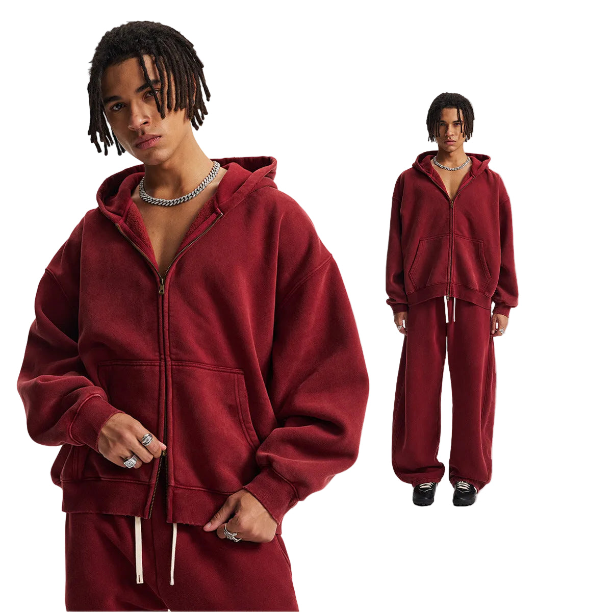 Fleece Lining Zip-Up Wax Dye Zipper Hoodie & Wide Leg Pants Sweatpants WN23112