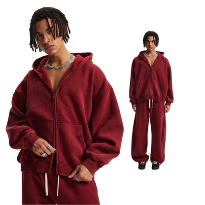 Fleece Lining Zip-Up Wax Dye Zipper Hoodie & Wide Leg Pants Sweatpants WN23112