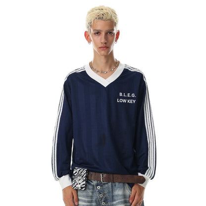 V-Neck Stripe Print Oversize Long Sleeve T-Shirt WN27944