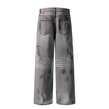 Dirty Washed Ripped Straight Leg Denim Jeans WN26829