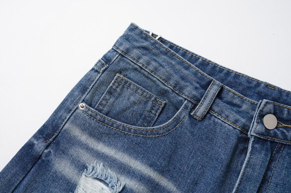 Damage Washed Wide Leg Denim Jeans WN27962