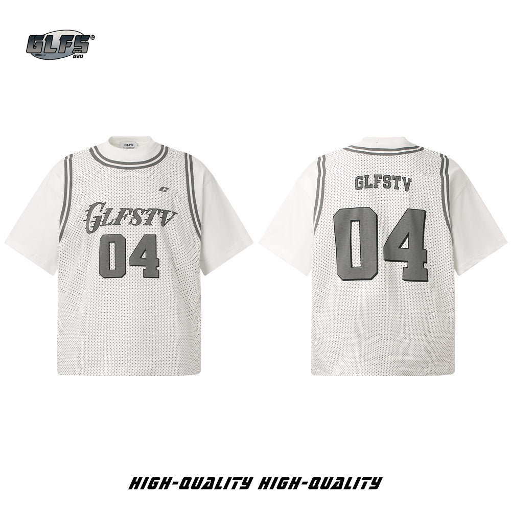 Fake Layered Mesh Number Print Short Sleeve T-Shirt WN26515