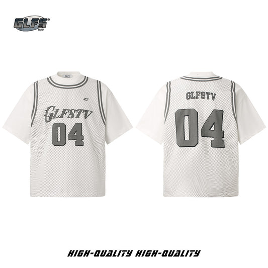 Fake Layered Mesh Number Print Short Sleeve T-Shirt WN26515