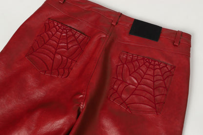 Shoulder-Pad Spider Web PU Leather Jacket Wide Leg Pants Setup WN27913