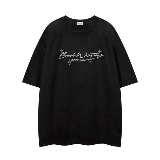 Text Embroidery Print Suede Short Sleeve T-Shirt WN16194