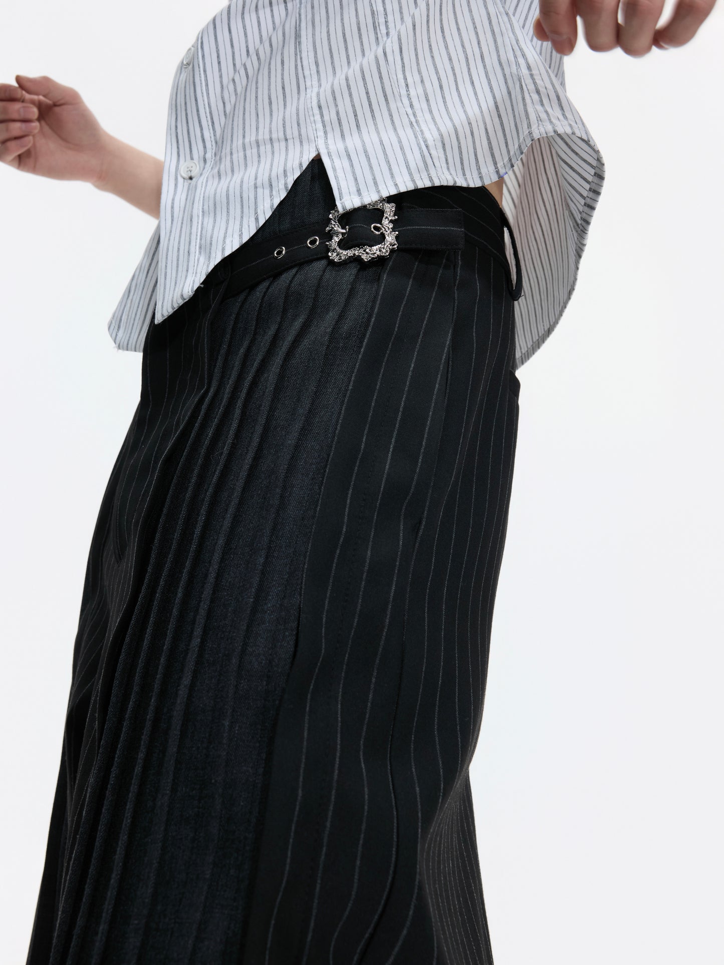 Decorative Buckle Stripe Patchwork Wide Leg Trousers WN27003