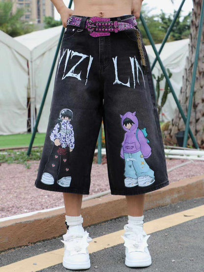 Illustration Print Wide Leg Denim Half Jeans & Denim Jeans WN24056