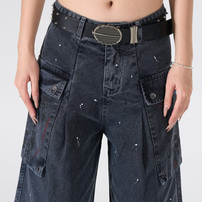 Denim Paint Splatter Multi-Pocket Wide Leg Half Pants WN27938