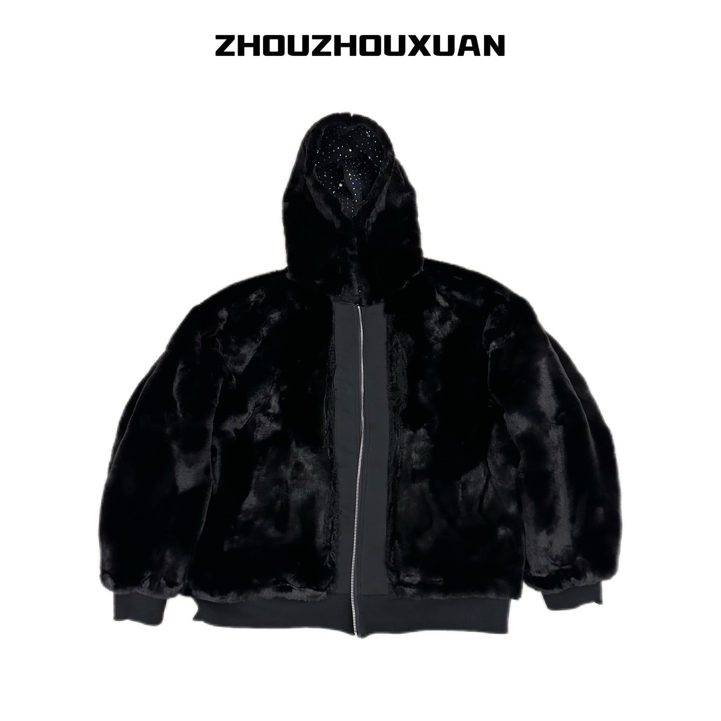 Rhinestone Fleece Lining Zipper Hooded Jacket WN20715