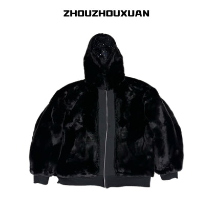 Rhinestone Fleece Lining Zipper Hooded Jacket WN20715