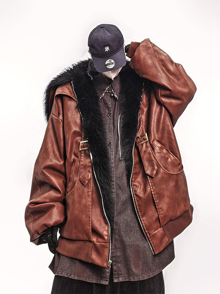Fake Fur Lapel Oversize PU Leather Jacket WN24019