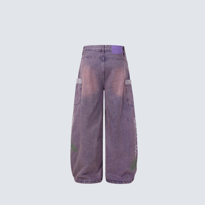Washed Panel Wide Leg Letter Denim Jeans WN27951