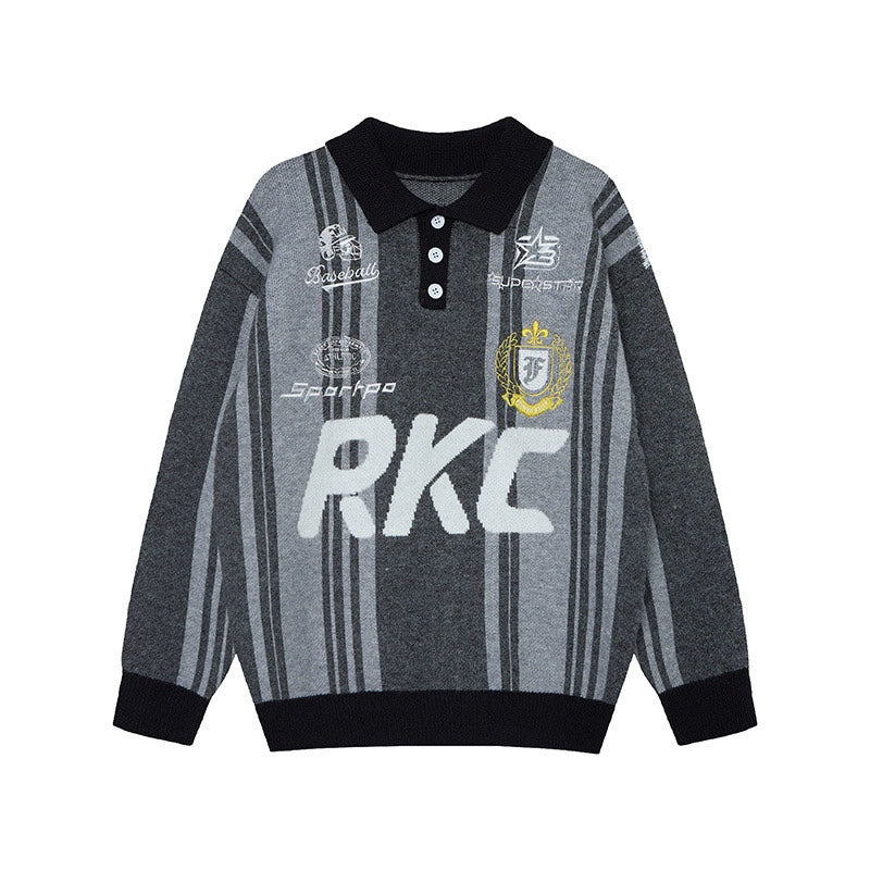 Badge Embroidery Polo Collar Knit Sweater WN21045