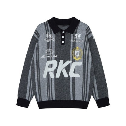 Badge Embroidery Polo Collar Knit Sweater WN21045
