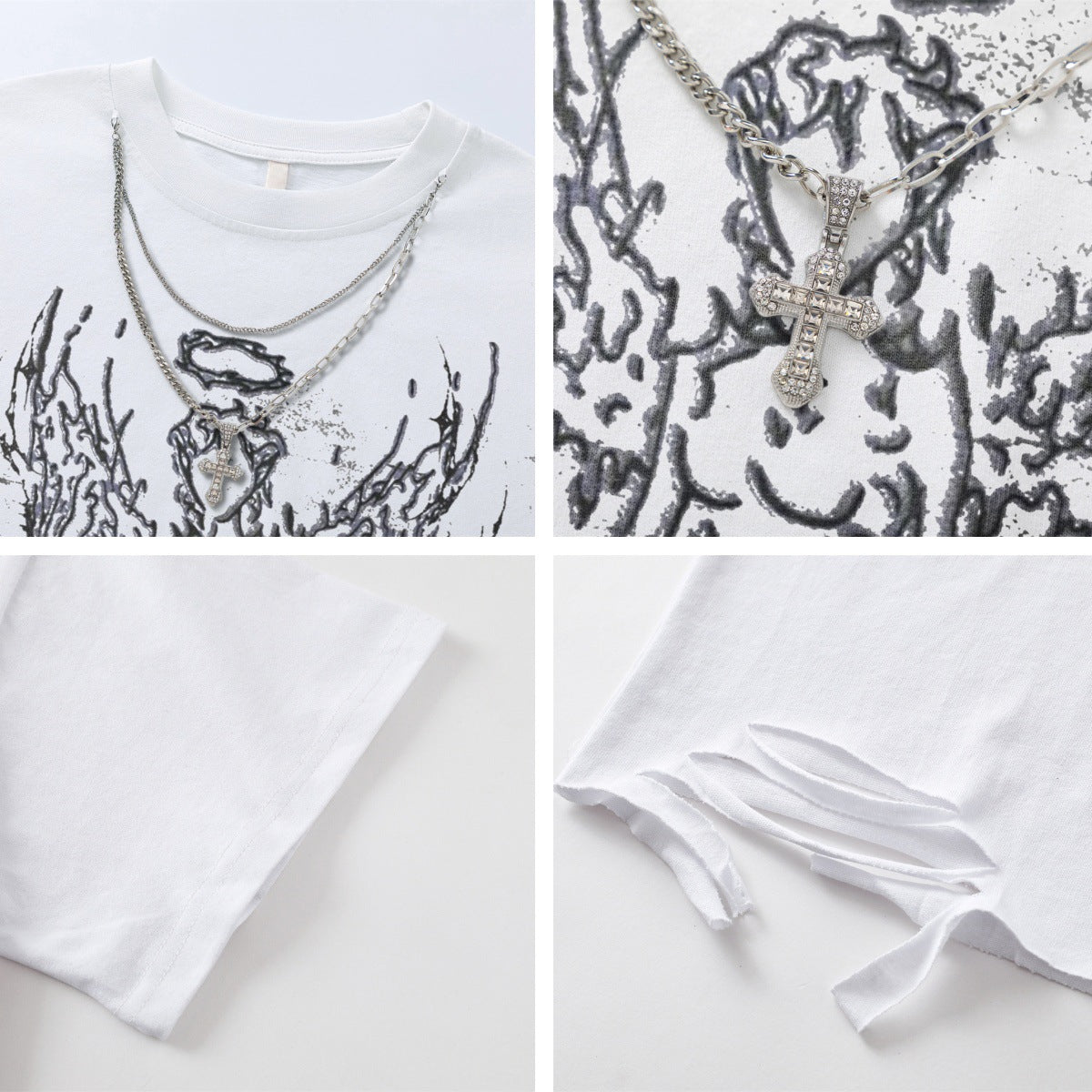 Necklace Print Damage Oversize Short Sleeve T-Shirt WN15052