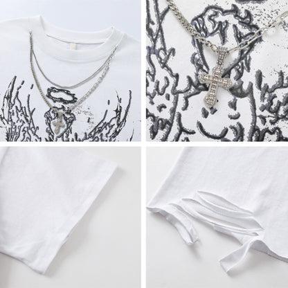 Necklace Print Damage Oversize Short Sleeve T-Shirt WN15052
