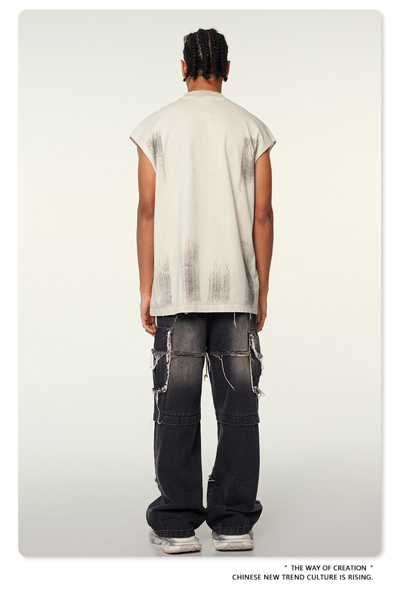 Washed Damage Print Oversize Tank Top T-shirt WN6391