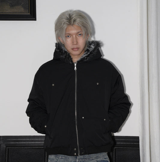 Hooded Fake Fur Plush Canvas Padded Jacket WN22196