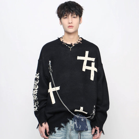 Gothic Cross Jacquard Oversize Knit Sweater WN21053