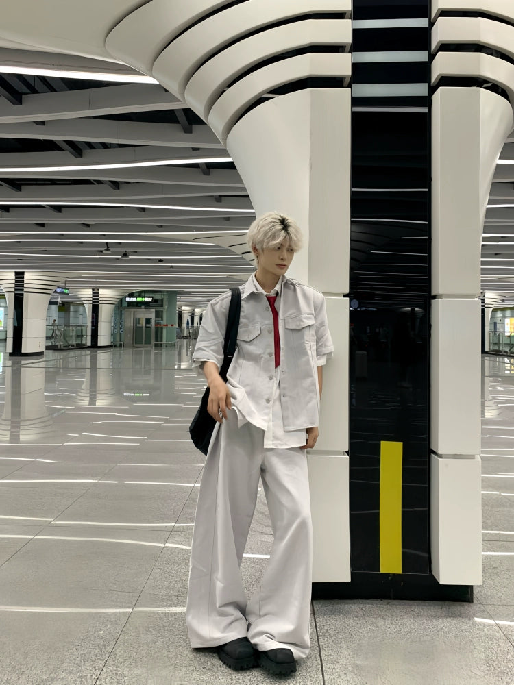 Striped Shoulder Lapel Short Sleeve Jacket & Wide Leg Pants Setup WN19777