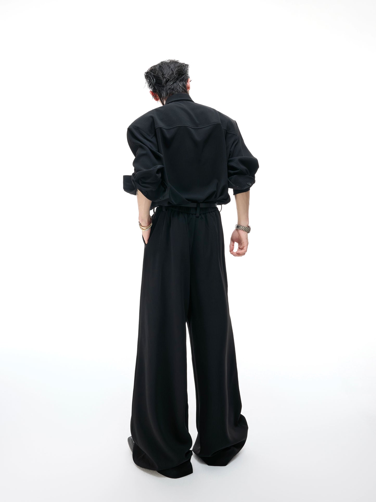 Ribbon Tie Shoulder-Pad Long Sleeve Shirt & Wide Leg Pants Setup WN20528