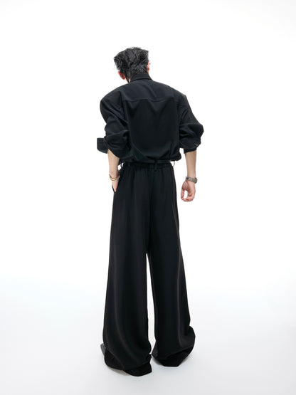 Ribbon Tie Shoulder-Pad Long Sleeve Shirt & Wide Leg Pants Setup WN20528