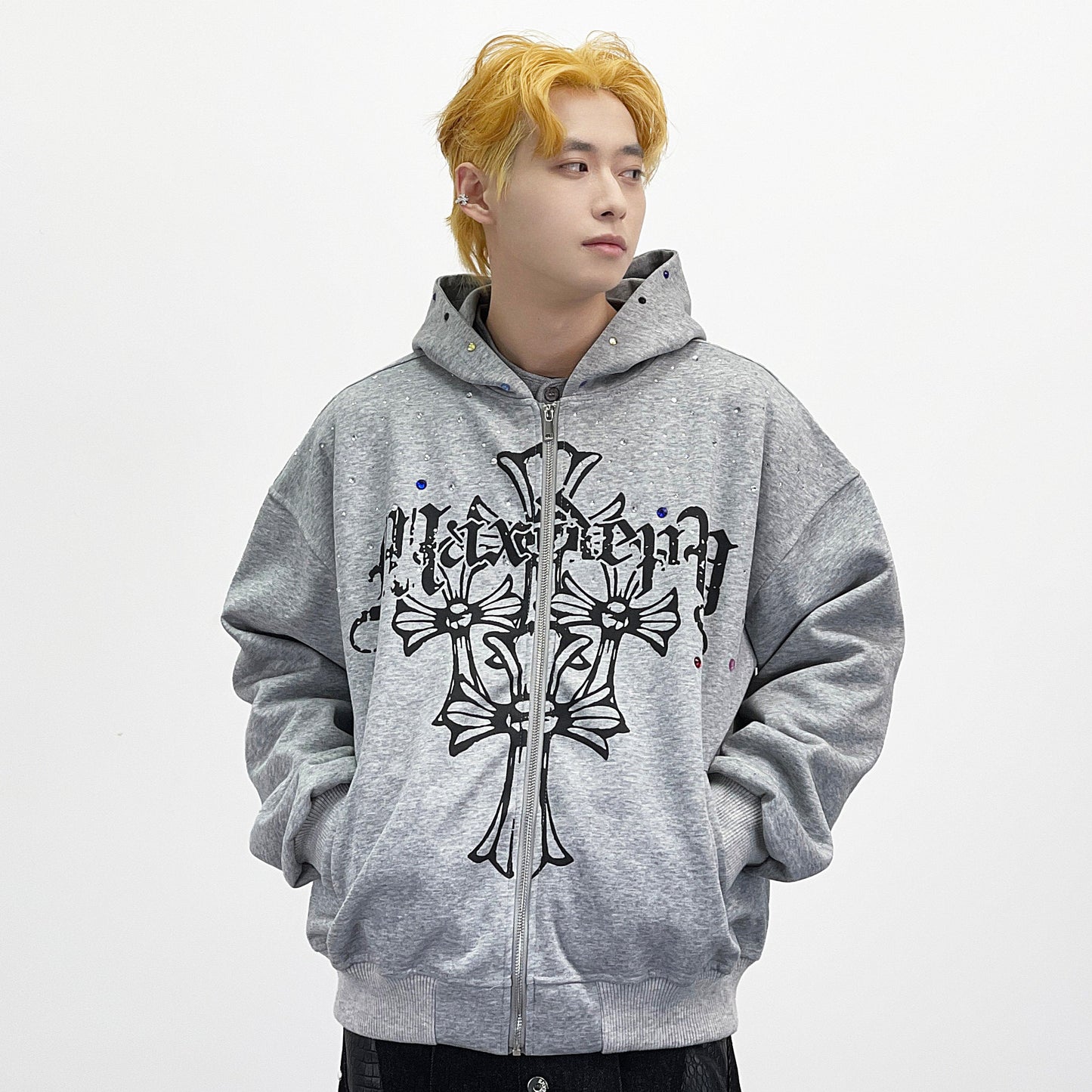 Goth Print Rhinestone Oversize Zipper Hoodie WN24258