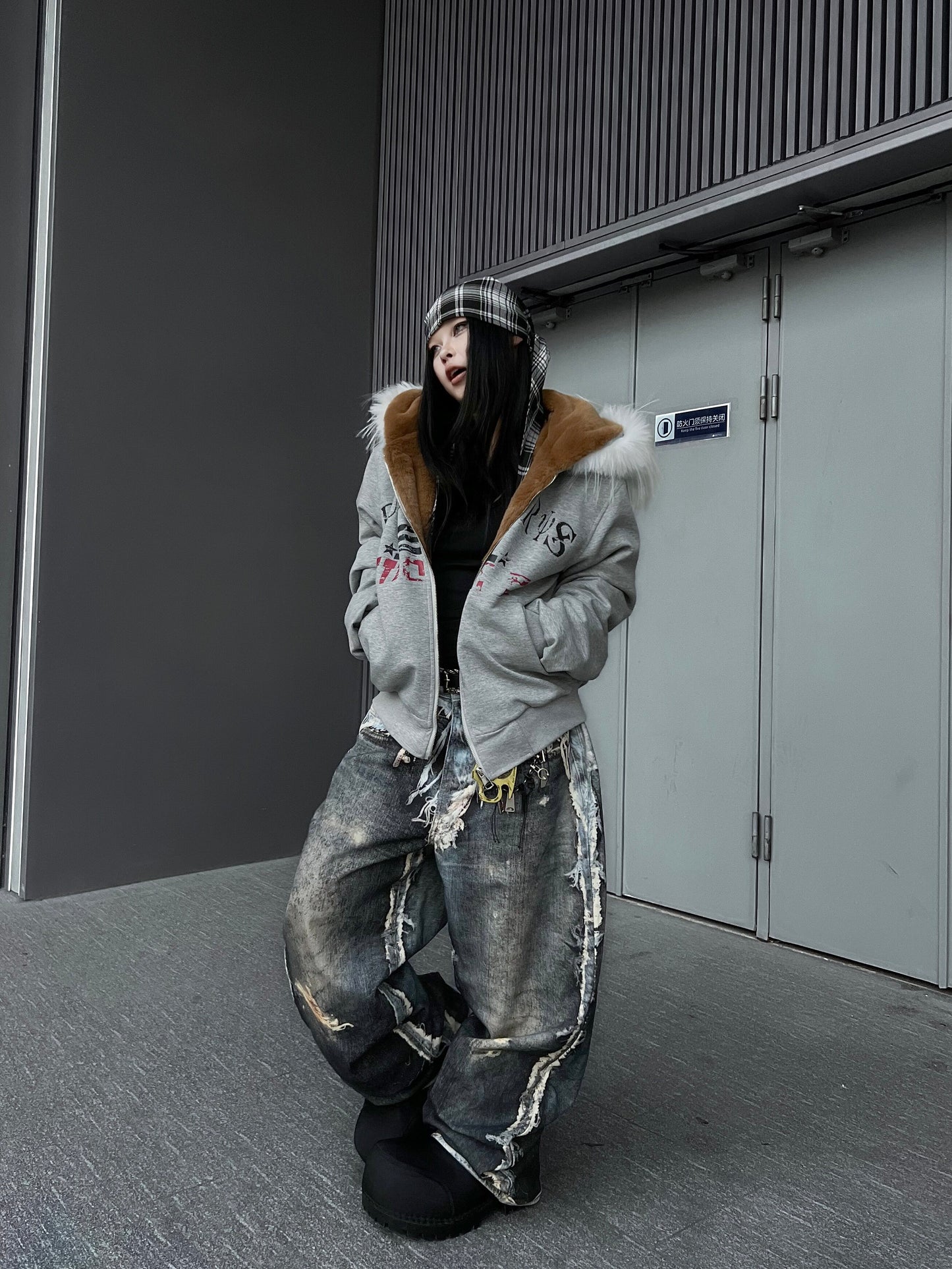 Fake Fur Graffiti Print Zipper Hooded Jacket WN24158