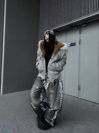 Fake Fur Graffiti Print Zipper Hooded Jacket WN24158