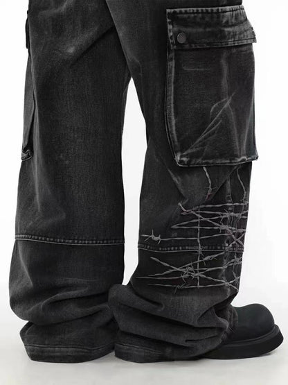 Cargo Pocket Embroidery Wide Leg Denim Jeans WN25718