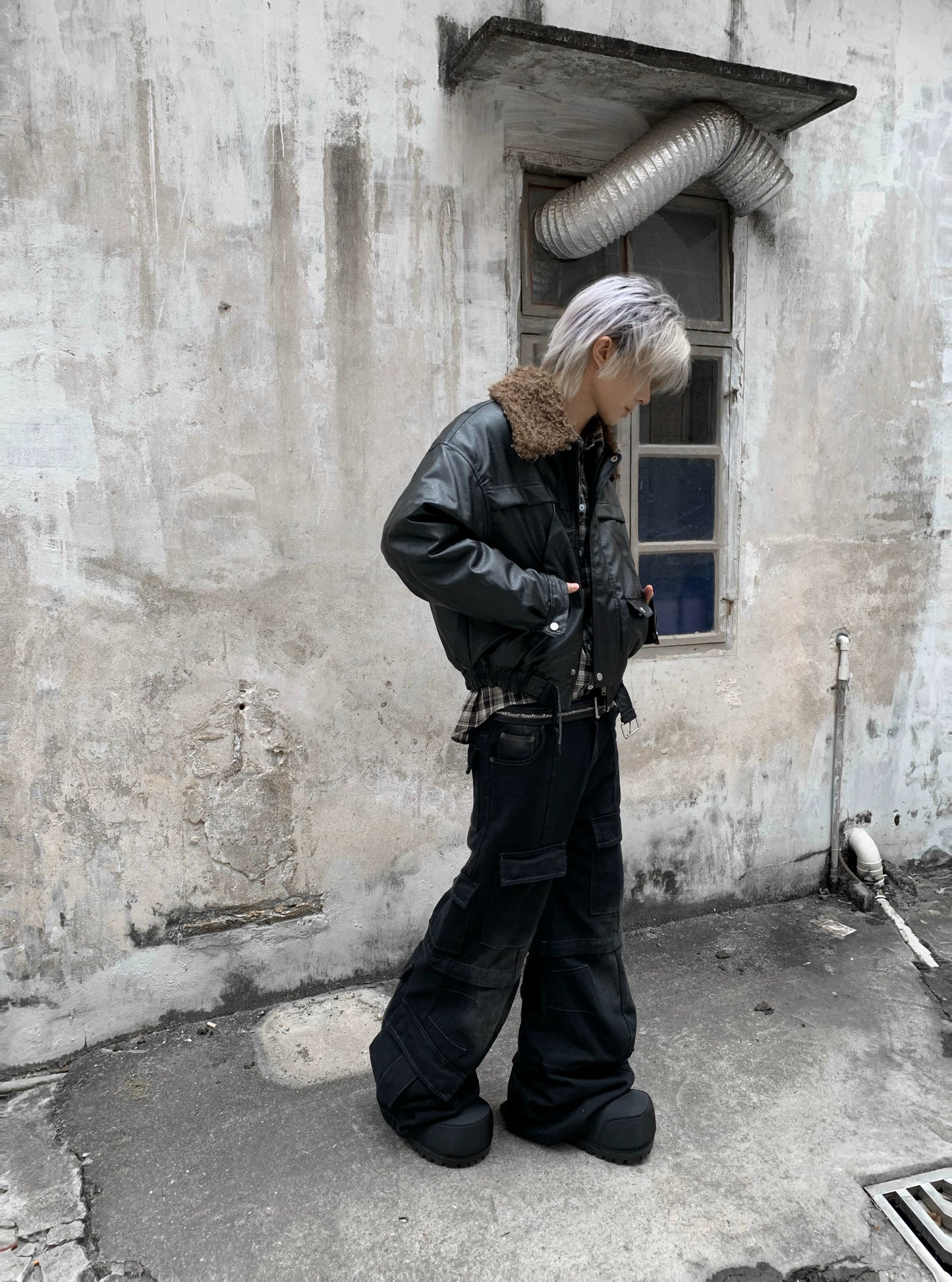 Fake Fur-Collar PU Leather Short Padded Jacket WN22205